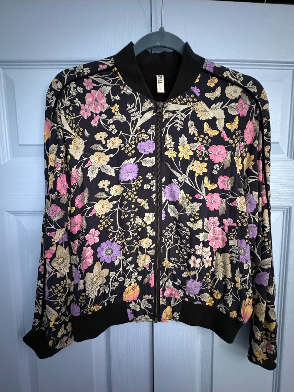 Anthropologie Zip-Front Bomber Jacket - Black w Pink & Purple Floral Print sz S